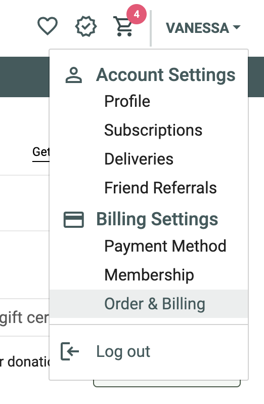 Orders and billing page in account